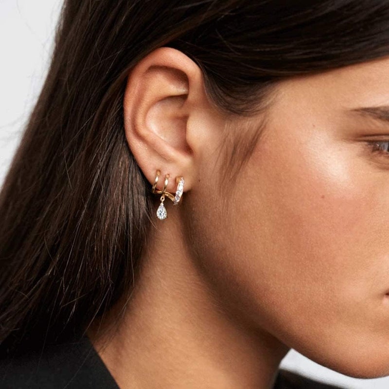 Obidos 14K Gold Plated Triple Huggie Illusion Stud Earrings | Double Huggie Hoop Earrings for One Hole | Gold Hoop Earrings for Women | Drop earrings - Image 2